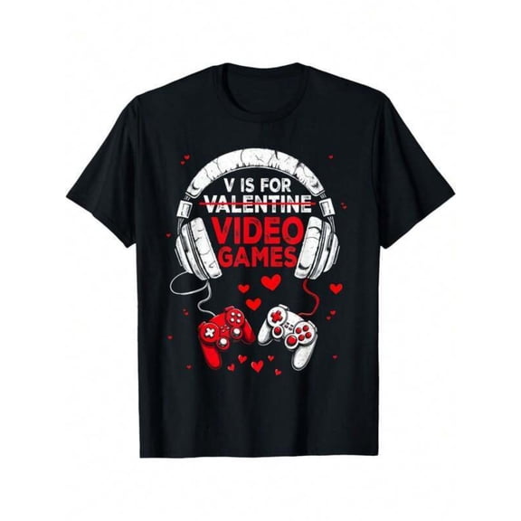 Men's 100% Cotton T-Shirt 180gsm - V Is For Video Games Valentine Funny Gamer Meme T-Shirt, Black Comfortable Breathable Soft Tee, Valentine's Gift for Men