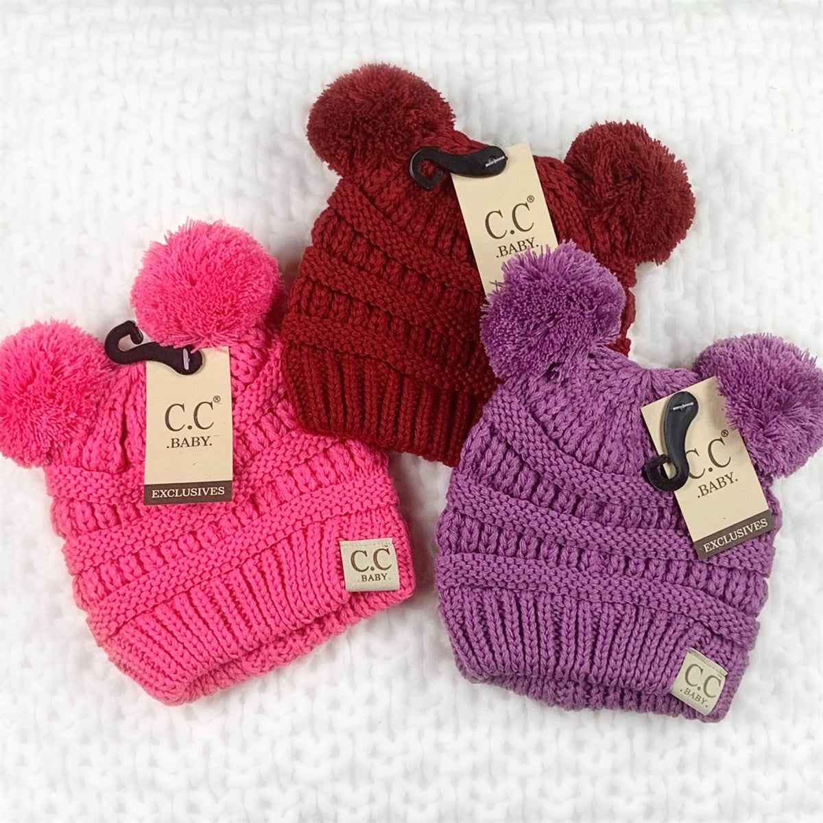 CC Baby Double Pom Cable Knit Yarn Pom Newborn to 9 Months Infant Beanie Indi Pink - Soft, Warm Hats for Babies and Toddlers - Cozy Winter Wear