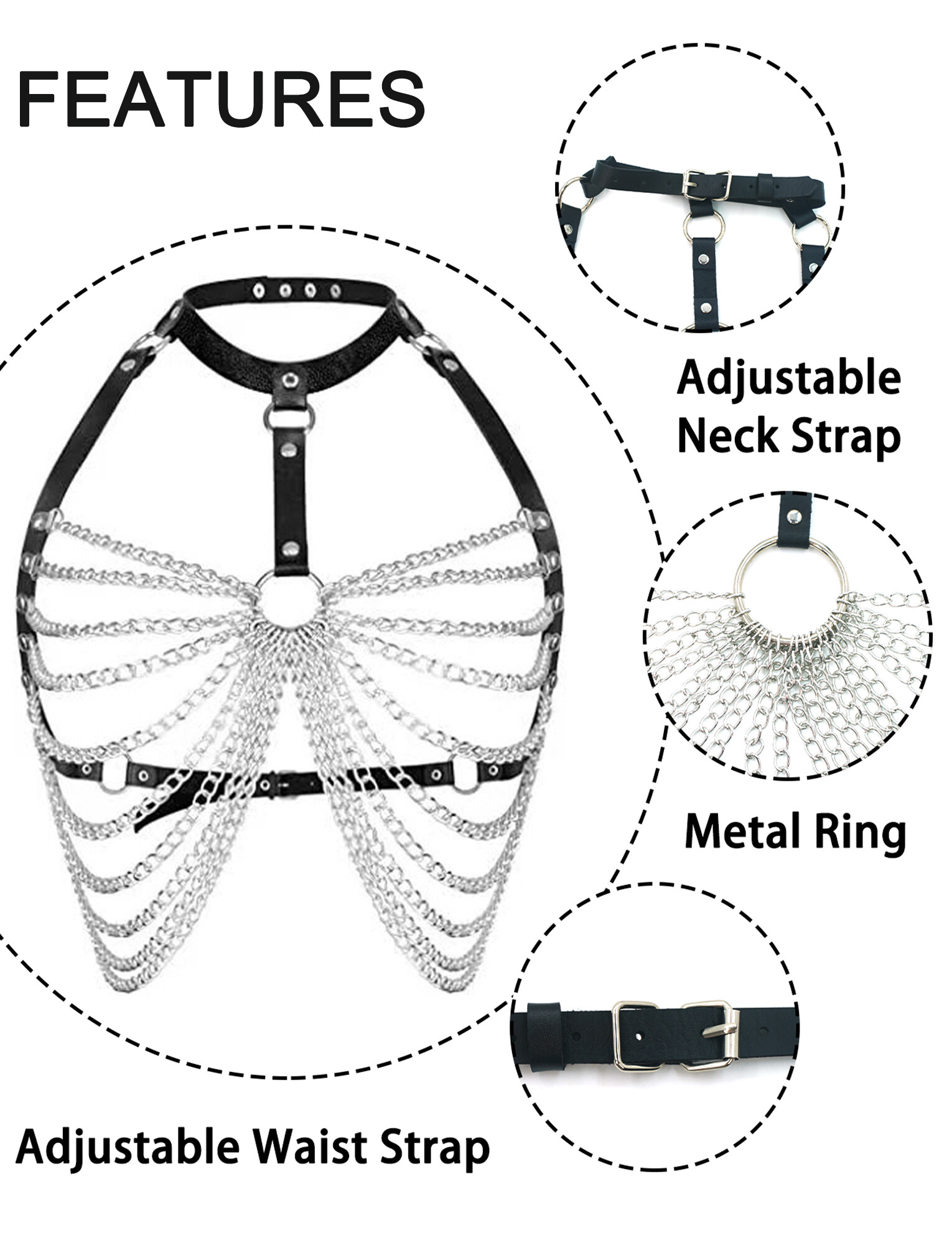 Cintura Gotica Con Catene - Body Chain In Pelle E Metallo Per Donne - Foto 9
