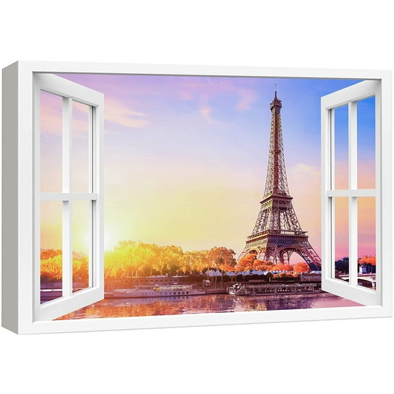 wall26 Canvas Print Wall Art Window View Parisian Eiffel Tower Sunset Vacation Wilderness Nature Photography Realism Scenic Landscape Colorful Multicolor for Living Room, Bedroom, Office - 16"x2