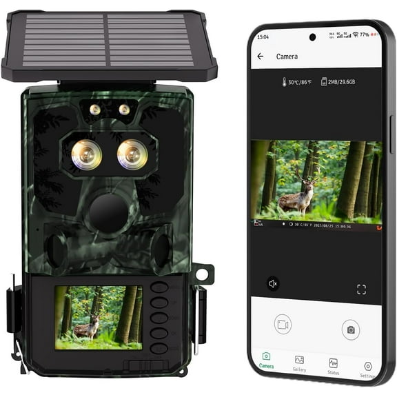 CAMPARK Solar Powered Trail Camera WiFi Bluetooth 60MP 4K UHD Dual Lens Starlight Night Vision IMX458 Sensors 0.1s Motion Activated IP66 Waterproof 2.4"LCD Game Hunting Camera with SD Card