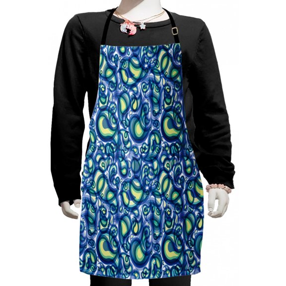 Paisley Kids Apron, Ocean Waves Like Design with Big and Small Raindrops Inspired Artwork, Boys Girls Apron Bib with Adjustable Ties for Cooking Baking Painting, Blue and Green, by Ambesonne