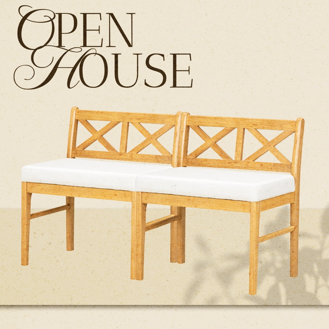 Farmhouse Dining Chair, Set of 2 with Rattan Backrest and Solid Wood Legs, Natural White Fabric Seat for Kitchen Dining Room Home