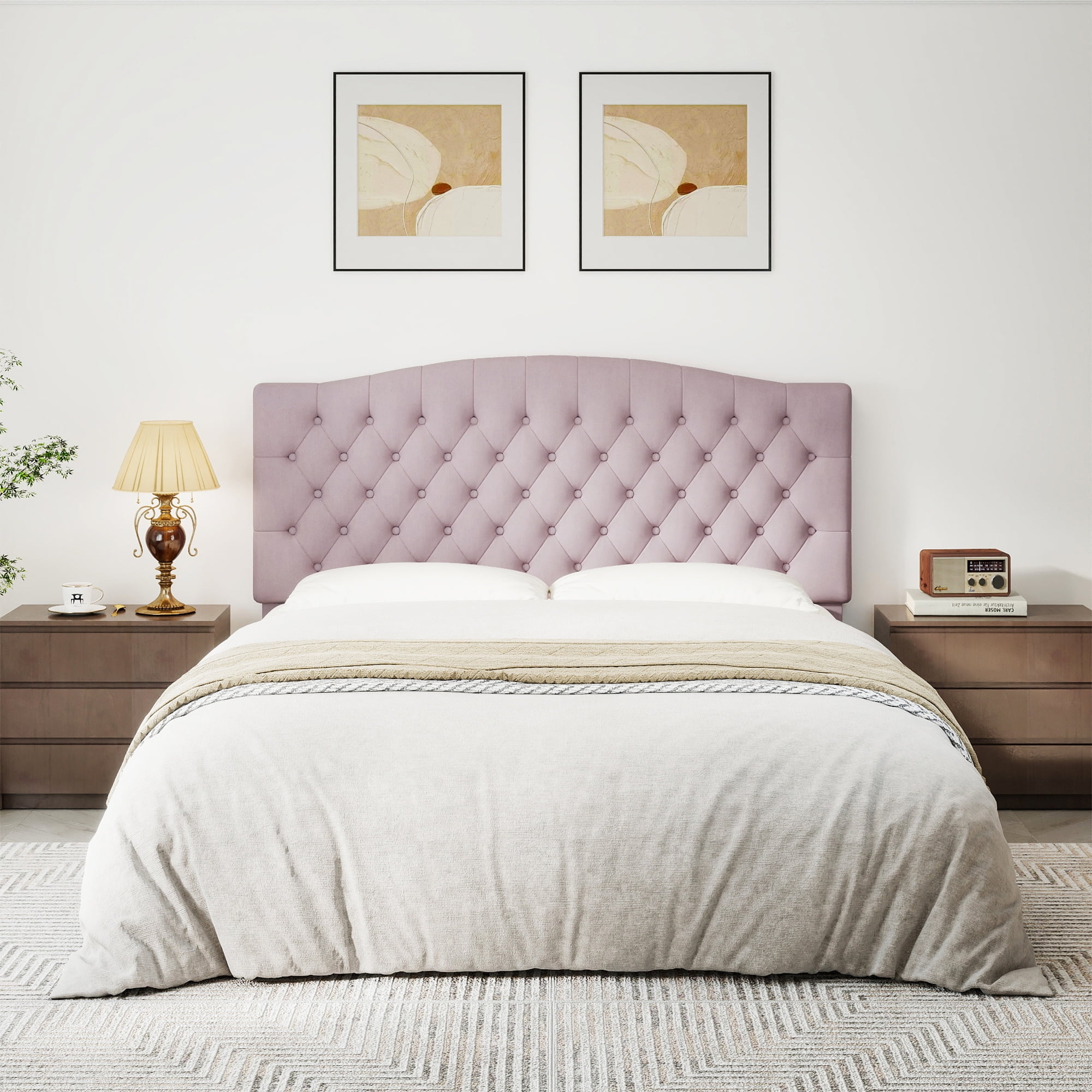 Queen Headboard Wall Mount & Bed Frame Compatible, Velvet Upholstered Button Tufted, Pink