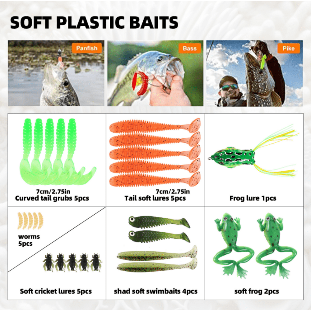 Salange 94pcs Fishing Lure Tackle Kit,Includes VIBs, Frogs, Minnows, Soft Baits, Hooks & Weights ,Freshwater Lure Set for Bass, Walleye, Trout Complete Tackle Box with Accessories