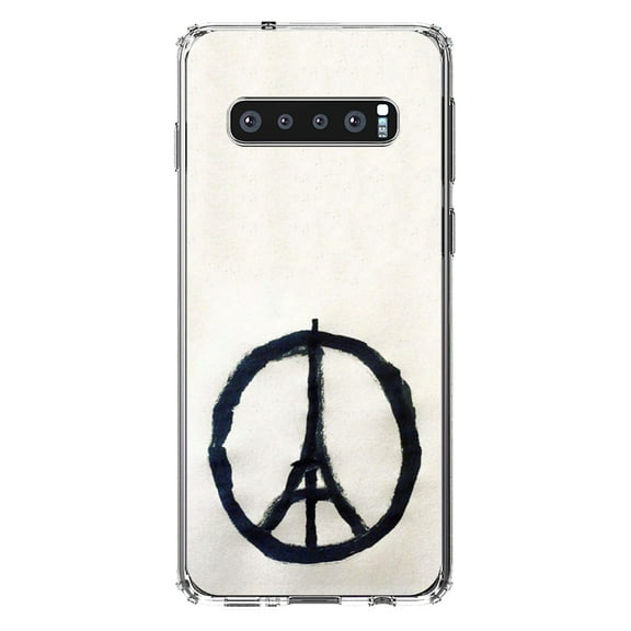 DistinctInk Clear Shockproof Hybrid Case for Samsung Galaxy S10  PLUS(6.4" Screen) - TPU Bumper, Acrylic Back, Tempered Glass Screen Protector - Paris Peace Symbol -Paris