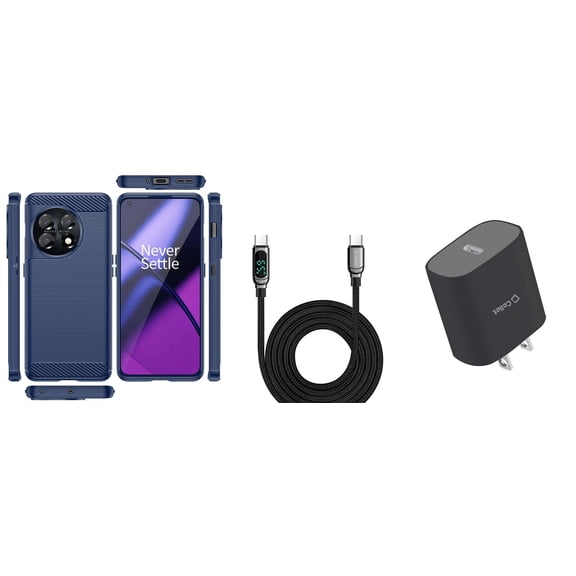 BD Combo Bundle Case for OnePlus 11 5G Case - (Dark Navy Blue) Slim TPU Flexible Carbon Fiber Armor Case with UL Listed Type-C PD Wall Charger, Digital Display USB-C to USB-C Cable
