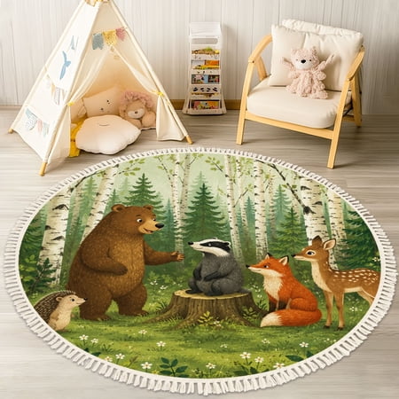 Washable Non Slip 4ft Round Rug Cute Woodland Animals Watercolor Forest Scene Deer Bear Fox Circle Area Rugs with Tassels Carpet for Nursery Bedroom Living Room Playroom Tent rug Tent Castle
