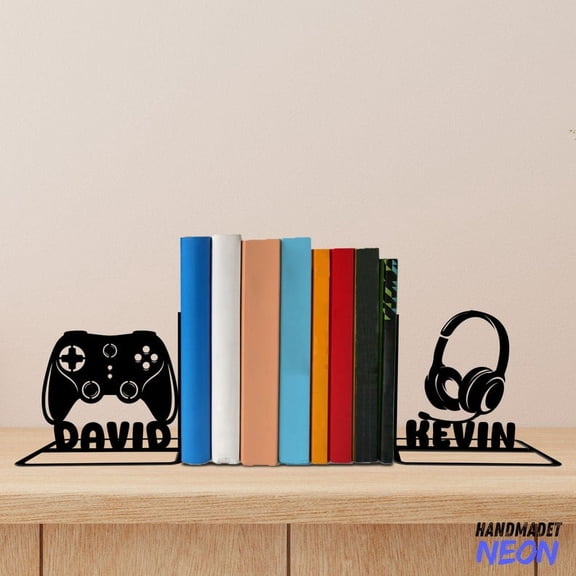 Handmadetneonsign Game Controller Metal Bookends, Gamer Name Bookend Table Sign, Gaming Bookshelf Home Decor 75993