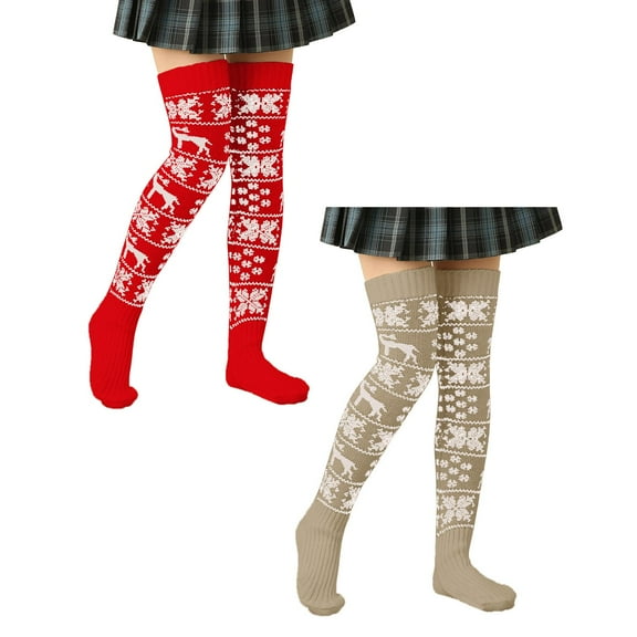 XEGLSBU 2 Pack Christmas Stocking Stuffers for Teens Women Casual Christmas Deer Knit over Knee Socks Stockings One Size