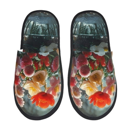 Balery Vibrant Bouquet Waterfall Slient Indoor Furry Fleece Comfort House Shoes Soft Non-Slip Home Shoes Cotton slippers House Slippers-- Large