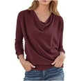 thumbnail image 2 of Sweatshirts for Women Pleated Collar V-Neck Solid Color Casual Loose Long-sleeved Top,Tops for Women Wine, 2 of 5