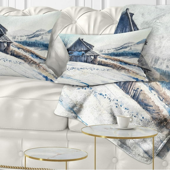 Designart Winter Mountains Watercolor - Landscape Painting Throw Pillow - 12x20