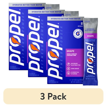 (3 pack) Propel Zero Sugar Grape, On the Go Packs, Electrolyte Powder Drink Mix, 0.11 oz, 8 Count packets