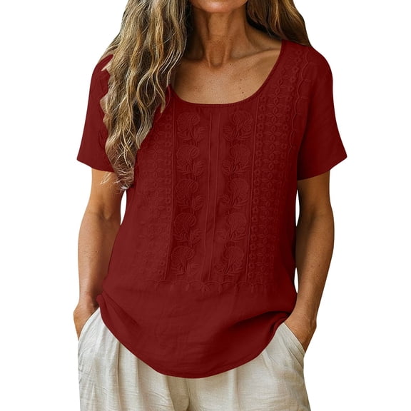 GUACER Short Sleeve Tops for Women Embroidered Cotton Linen Pintuck Summer Blouses Casual Boho Floral Peasant Shirts Relaxed Fit Tunic