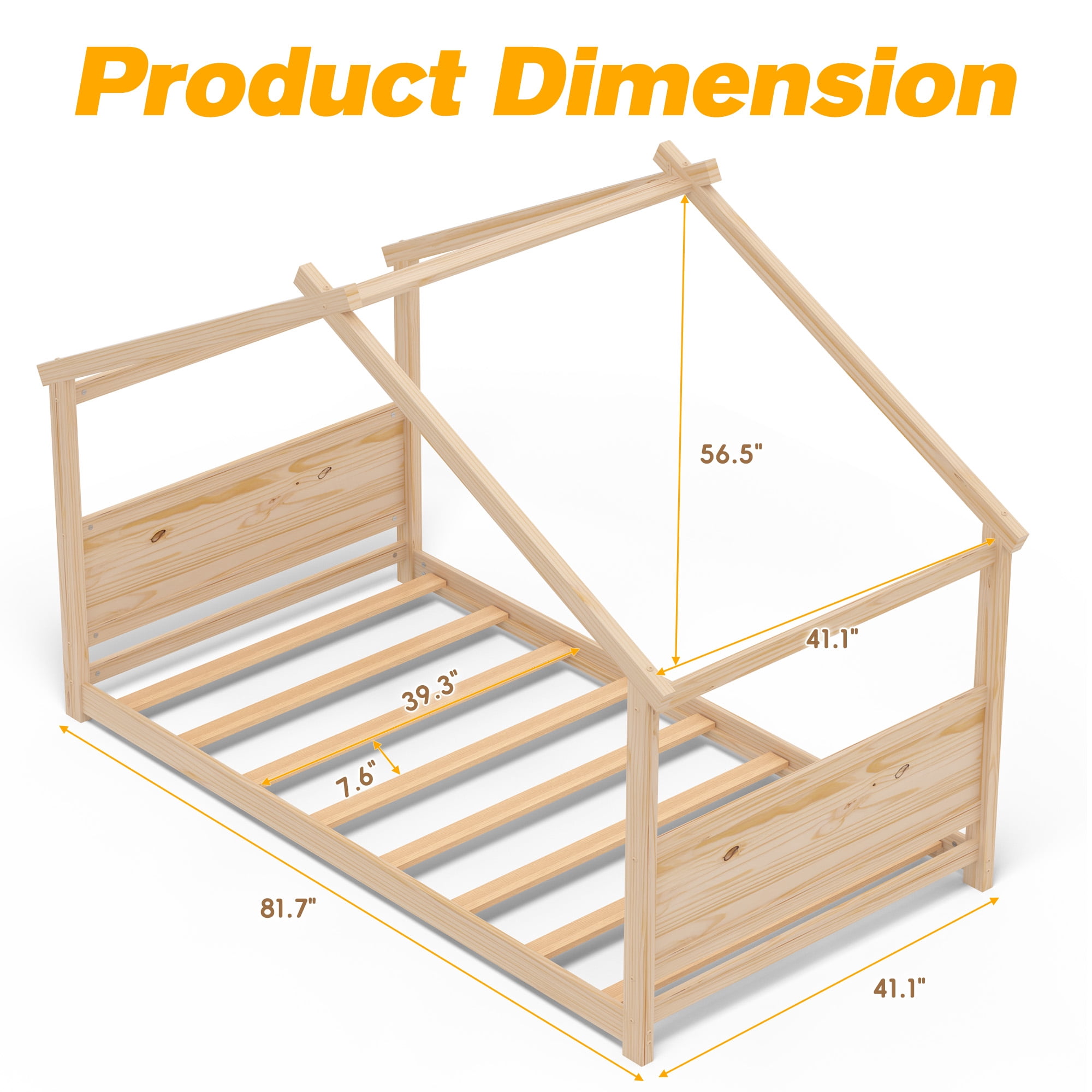 Joywind Twin Solid Wood House Floor Bed Frame with Safety Guardrails, Kids Bed for Boys Girls