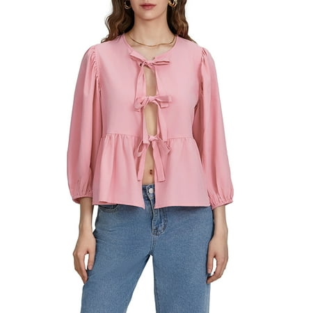 JBEELATE Women Bow Tie Front Shirt Top Cute Puff Sleeve Y2K Peplum Ruffle Babydoll Blouse Lace Up Summer Going Out Tops
