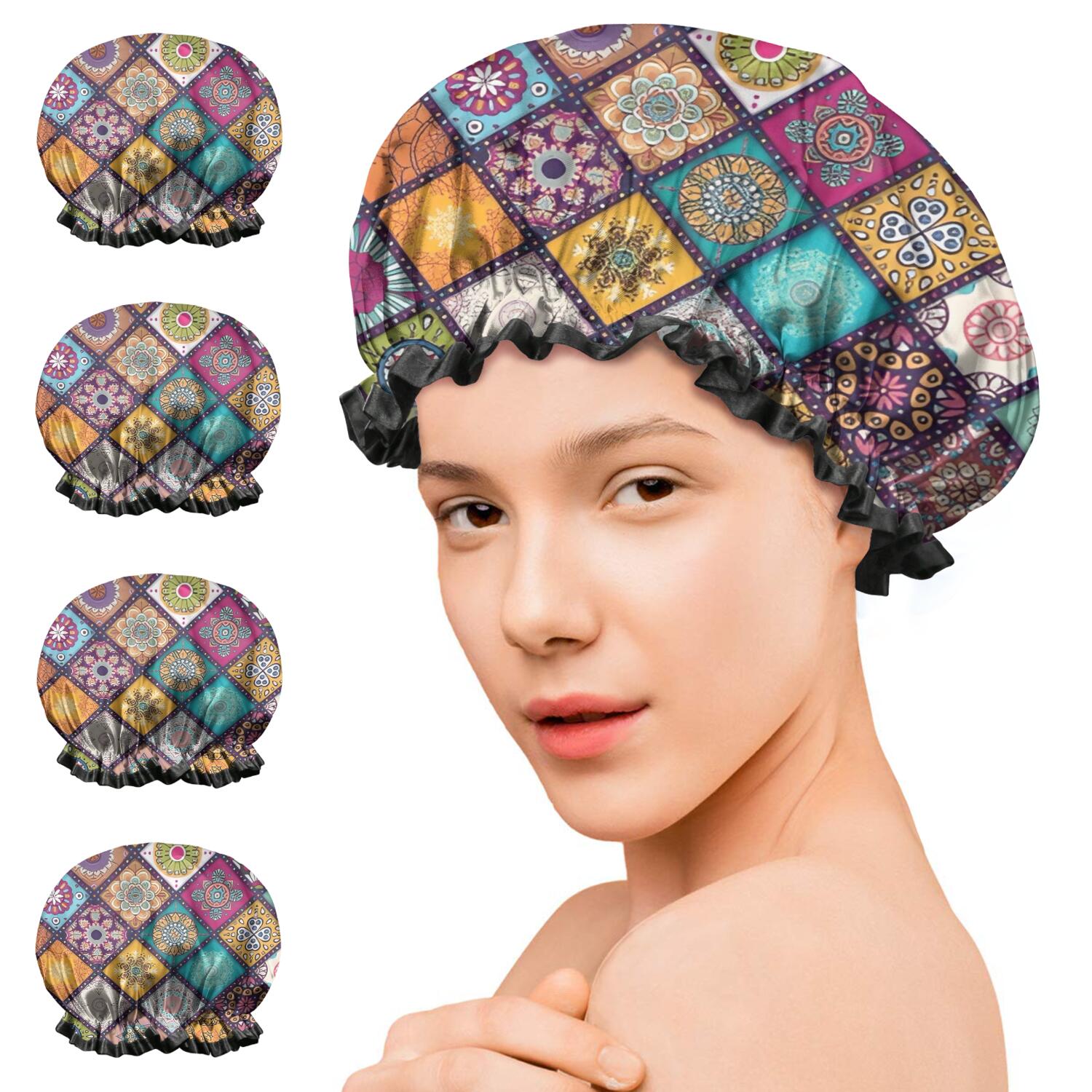 Shower Caps,Multicolor Ethnic Geometric Patchwork Pattern Waterproof Shower Cap for Women 4 Pieces,Double Reusable Hair Cover for Shower PEVA Elastic Stretch Hem