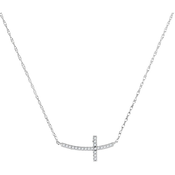 10K White Gold Diamond Small Horizontal Cross Pendant Necklace 1/20 Ctw.