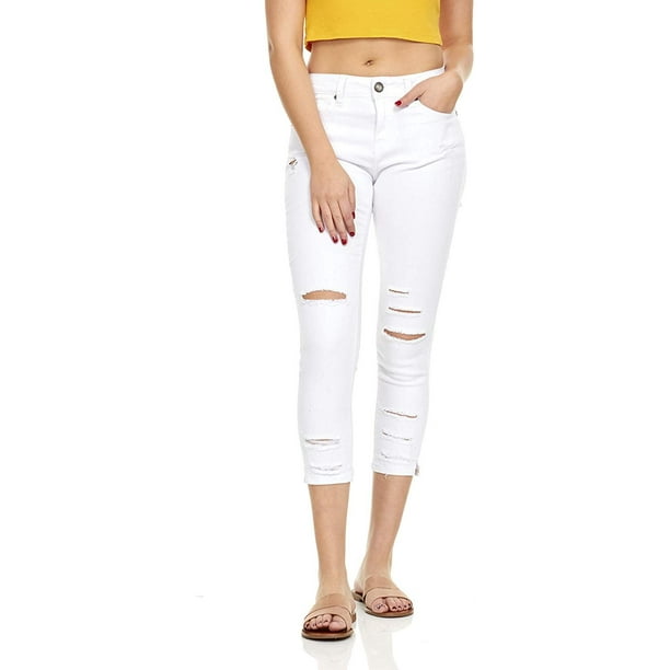 YDX - YDX Smart Jeans High Waisted Casual Stretchy Comfy Ripped Cropped Hem Pants White Wash