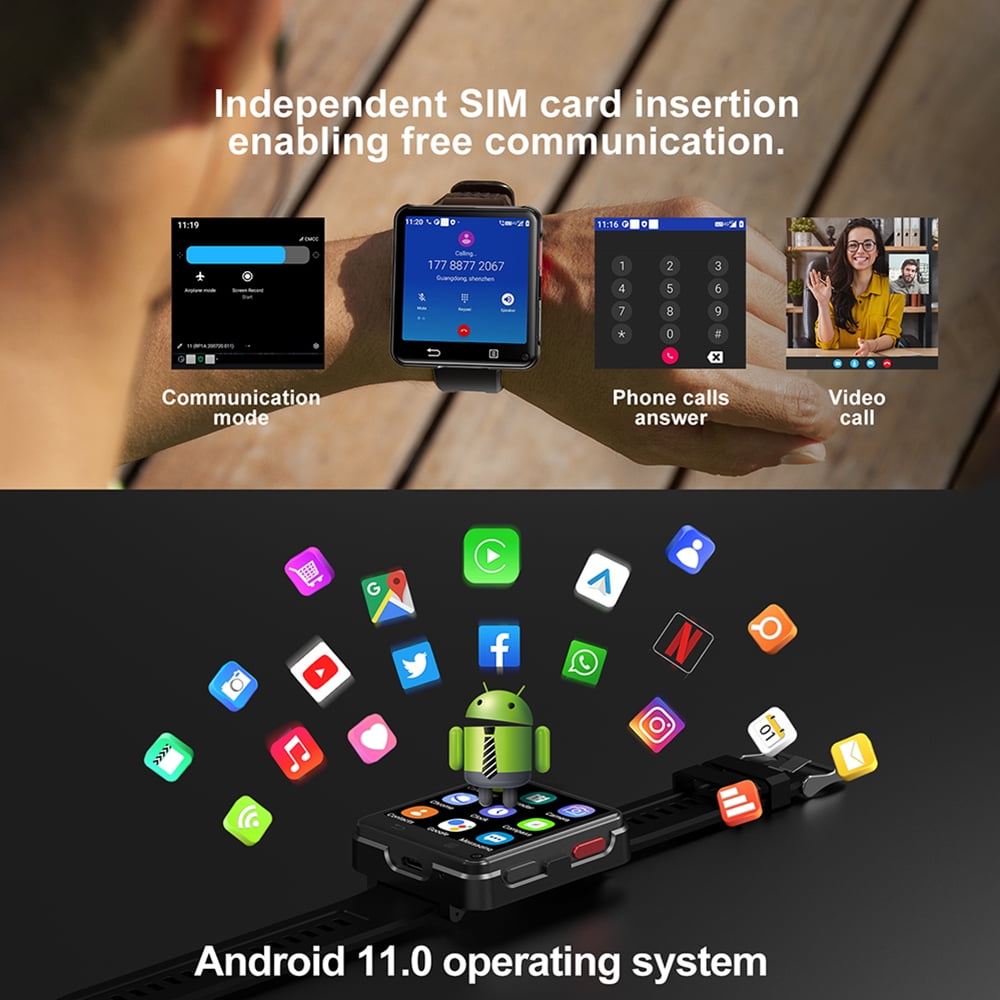 Rainbuvvy 4G Android Smart Watch 2.64 inch Single SIM card MTK6761 4GB 64GB GPS Bluetooth 5.0 Built-in Android 11.0 WIFi with dual camera 2MP/8MP Compass function 1200mAh type-c sports watch