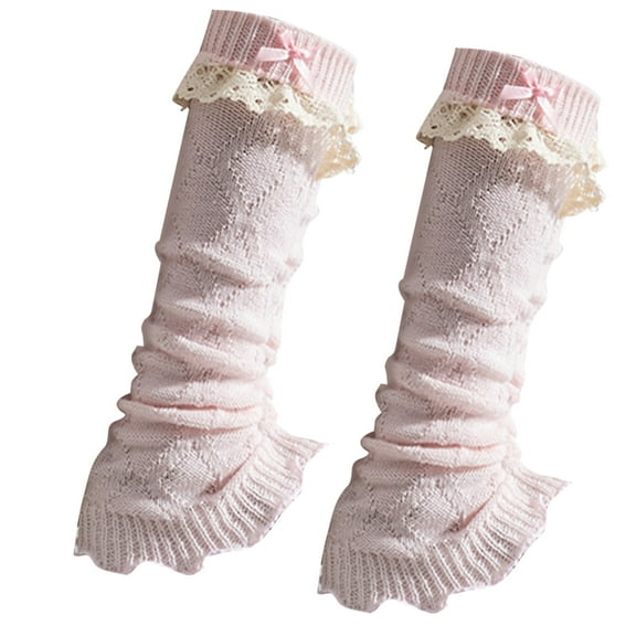 Jesscasday Knitted Stretch Leg Warmers Women Japanese Sweet Bows Ruffled Lace Trim Leg Covers Sleeve Streetwear Footless Calf Socks