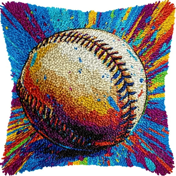 Baseball Colorful Latch Hook kits Pillow Printed Cushion Crochet Yarn Needlework DIY Hook Latch Kit Pillowcase Rug Cover Home Sofa Christmas Decoration 43x43cm(4)