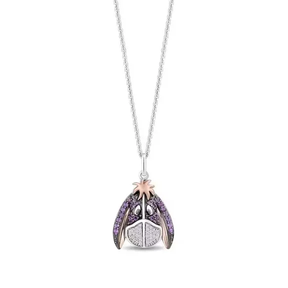 0.50 Ct Amethyst & Diamond Winnie the Pooh Eeyore Pendant Necklace with 18"Chain in 925 Sterling Silver Cartoon Jewelry