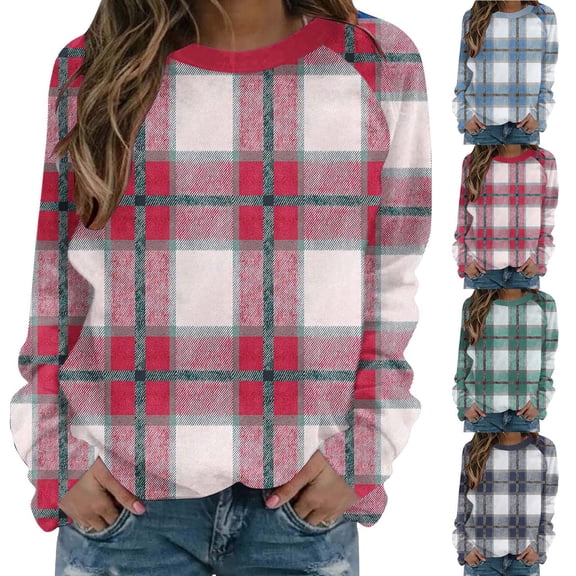 Jsaierl Women's Oversized Plaid Crewneck Sweatshirts with Checked Pattern Long Sleeve Soft Comfortable Casual Fall Tops S-2XL
