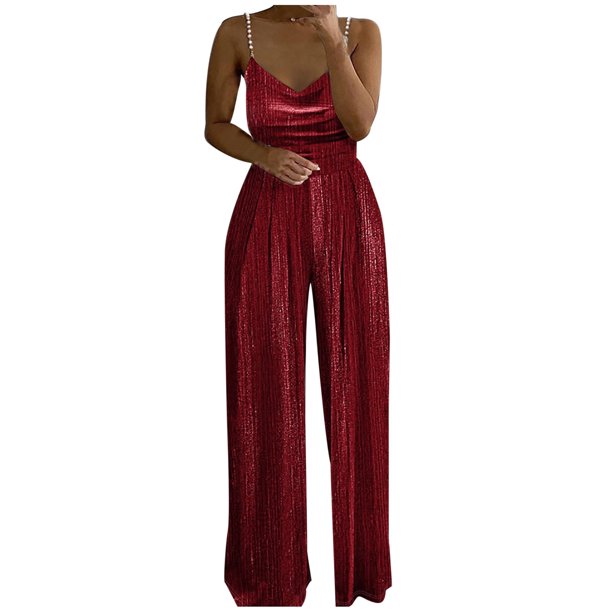 Mono de mujer de color liso con dos tirantes de perlas y cuello en V - Mono de cintura alta para fiestas de verano, S-XL
