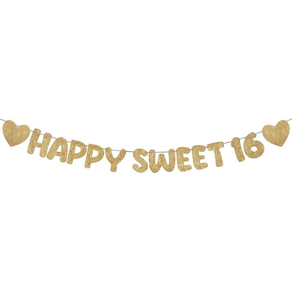 Pre Strung Happy Sweet 16 Banner Glitter Sixteenth Birthday Party Decorations 16th Party Sign Sweet 16 Party Decorations for Birthday Party Bachelorette Party(Champagne Gold)