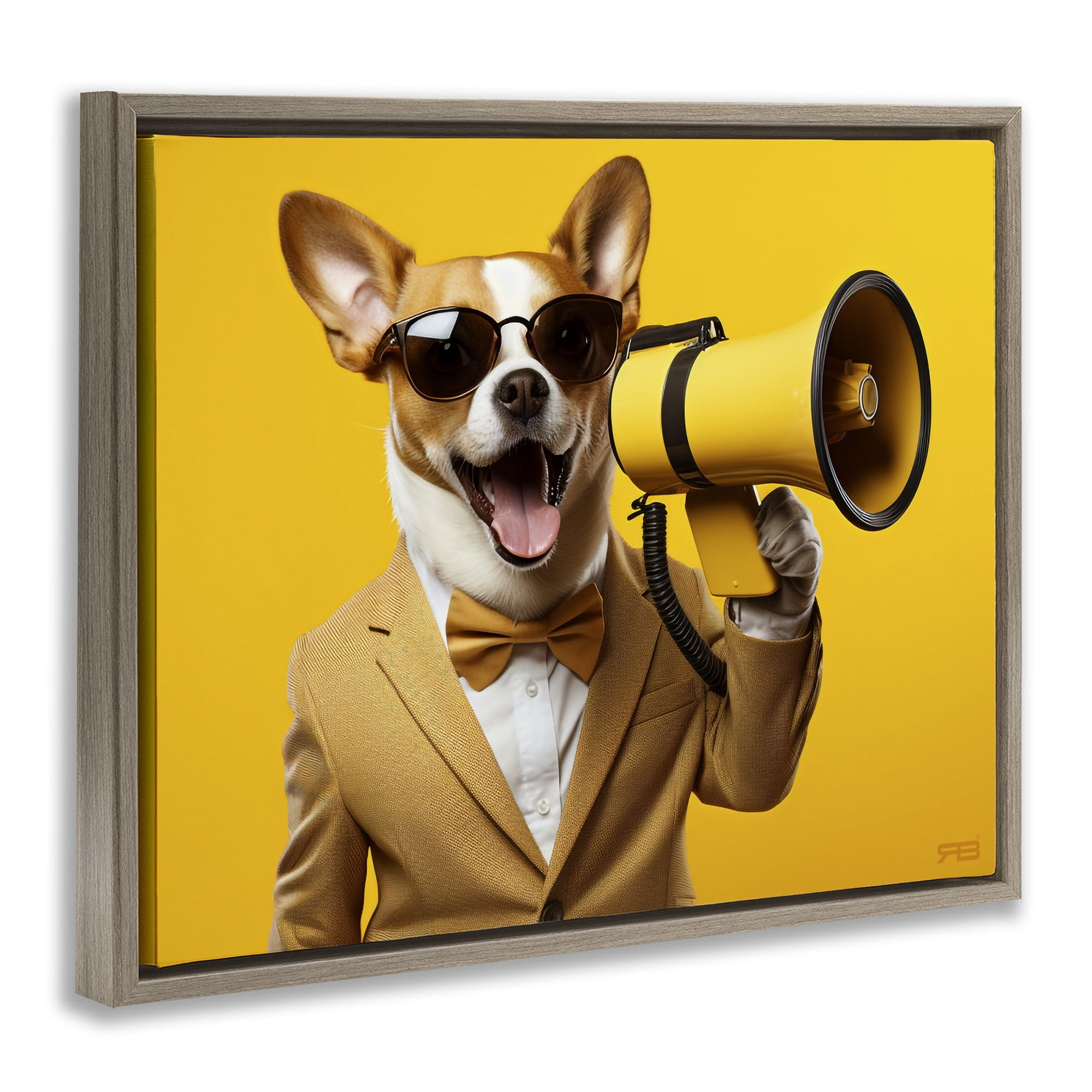 Stupell Industries Dog with Yellow Megaphone Animals & Insects Painting Brown Floater Framed Canvas Art Print Wall Art, 31 x 25