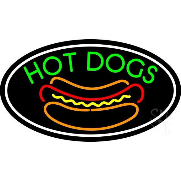Green Hot Dogs Oval LED Neon Sign 20 x 37 - inches, Black Square Cut Acrylic Backing, with Dimmer - Bright and Premium built indoor LED Neon Sign for restaurant window and interior decor.