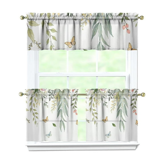 Green Leaves 3-Piece Kitchen Curtains Set Kitchen Curtains Sets with Valance for Windows Rod Pocket Machine Washable Kitchen Decor(54"x18" 2x27.5"x24")