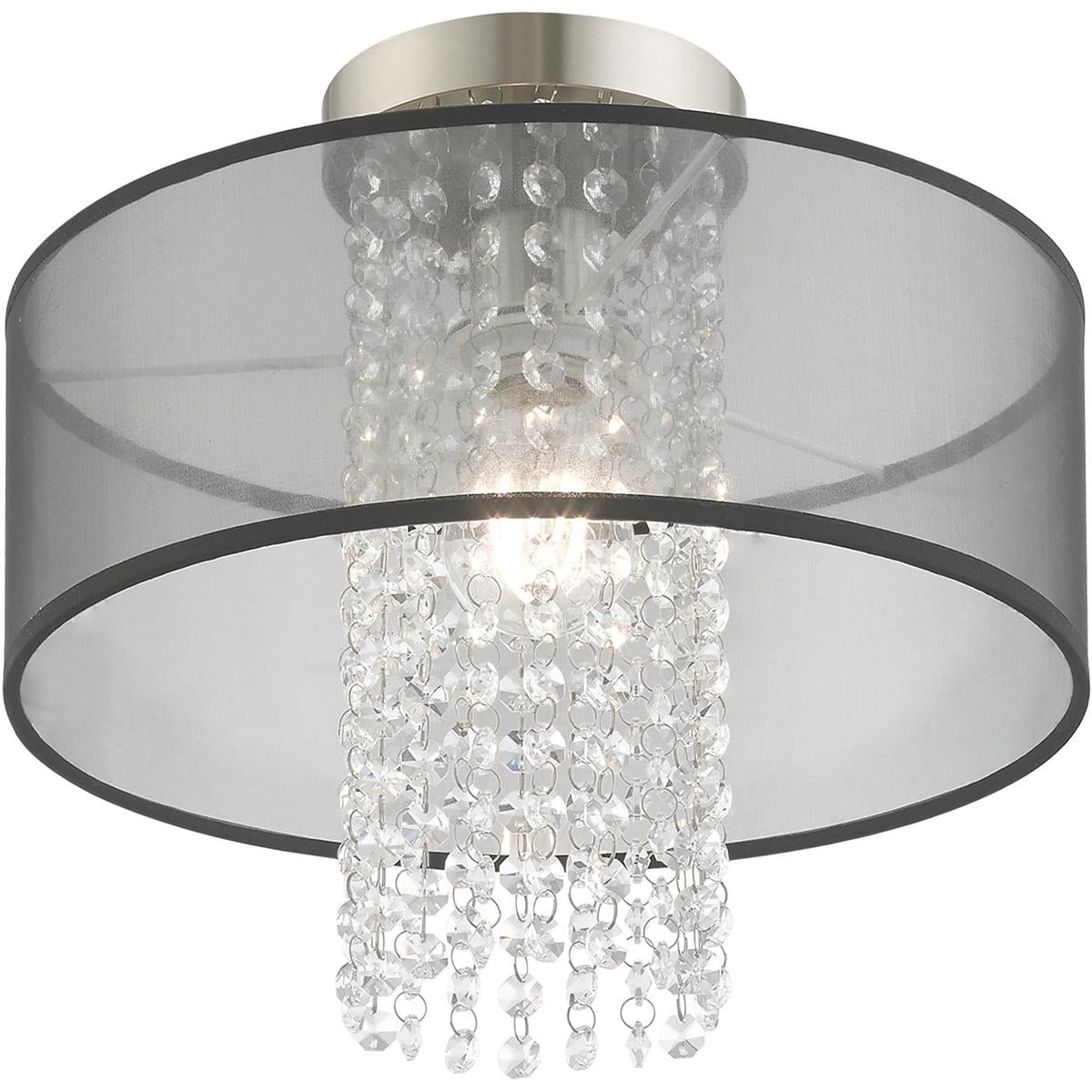 1 Light Brushed Nickel Ceiling Light fixture with Clear Crystals/ Hand Crafted Translucent Black Fabric Shade