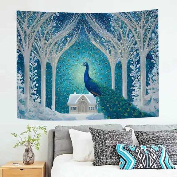 Enchanted Winter Peacock Tapestry, 37×29 Inches, Magical Forest Wall Hanging for Bedroom Living Room Holiday Decor