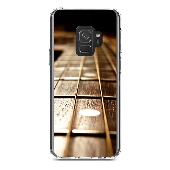 DistinctInk Clear Shockproof Hybrid Case for Samsung Galaxy S9 (5.8" Screen) - TPU Bumper, Acrylic Back, Tempered Glass Screen Protector - Guitar Strings Neck