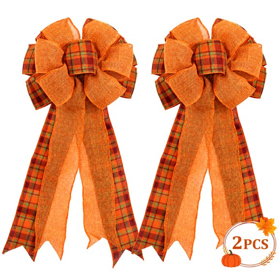 Fall Bows Thanksgiving Bows for Wreath Fall Decoration for Home Orange Ribbon Gift Bows Buffalo Plaid Check Pre-Tied Swag Bows Indoor Outdoor Décor 2PCS Design 1