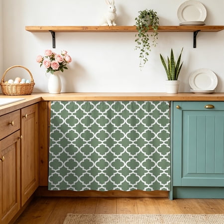 Cabinet Curtains 28 W x 35 L Sage Green Morocco Sink Skirt for Bathroom Kitchen Self Adhesive Minimalist Boho Ethnic Abstract Motif Desk Privacy Short Curtain for Vanity Laundry Room Shelf