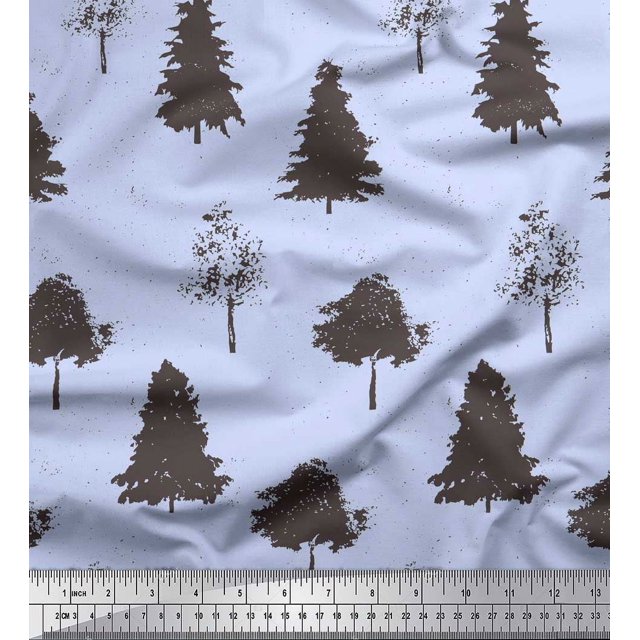 Soimoi Blue Poly Georgette Fabric Stencil Tree Print Fabric by Yard 52 Inch Wide