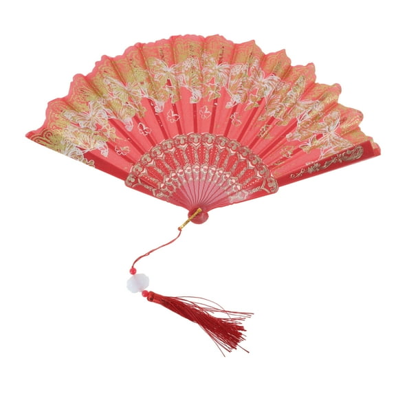 Unique Bargains 1 Pc Butterfly with Tassel Folding Fan for Masquerade Red Silk Fabric