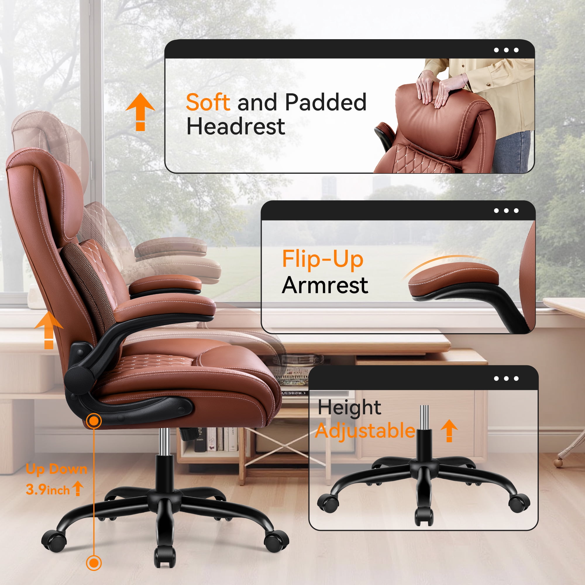 COOLHUT Big and Tall Office Chair 500LBS Wide Seat Ergonomic Computer Desk Chair, High Back Executive PU Leather Chair, Adjustable Armrest and Lumbar Back Support Office Chair, Brown