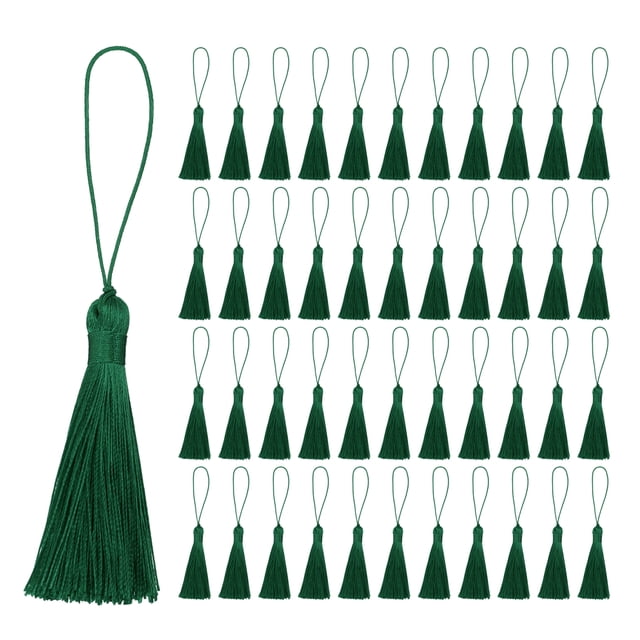 Unique Bargains 45 Pcs Mini Marque-Page Soyeux à Pompons, Fil Doux Fait Main avec Boucle de Cordon, Vert Foncé