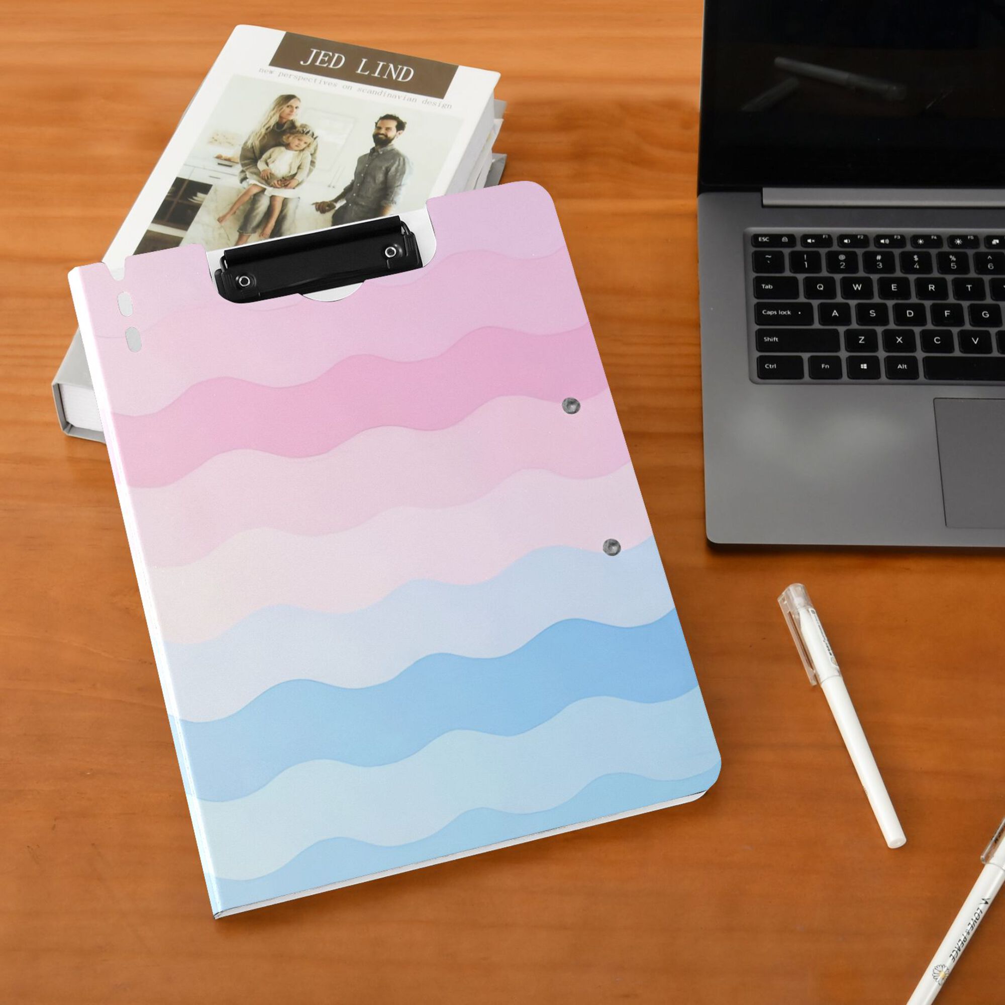 FORMRS A4 Clipboard Folder with Pen Holder Horizontal Foldable School Office Binder, Light Pink Stripes