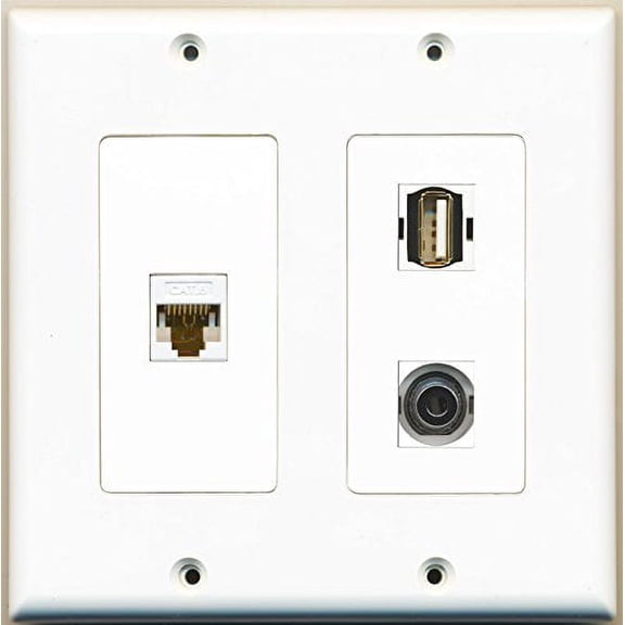 RiteAV - 1 Port USB A-A 1 Port 3.5mm 1 Port Cat6 Ethernet White - 2 Gang Wall Plate