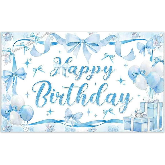 5.9x3.6FT Blue Bow Birthday Backdrop Coquette Cute Balloons Glitter Ribbon Photography Background Girls Women Party Decorations Banner Photo Booth Props