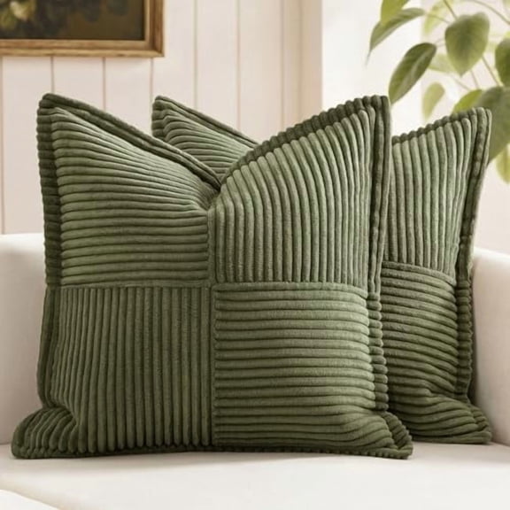 Olive Green Corduroy Pillow Covers 16x16 Inch with Splicing Set of 2 Soft Boho Striped Pillow Covers Broadside Decorative Textured Summer Pillowcases for Couch Cushion Bed Livingroom