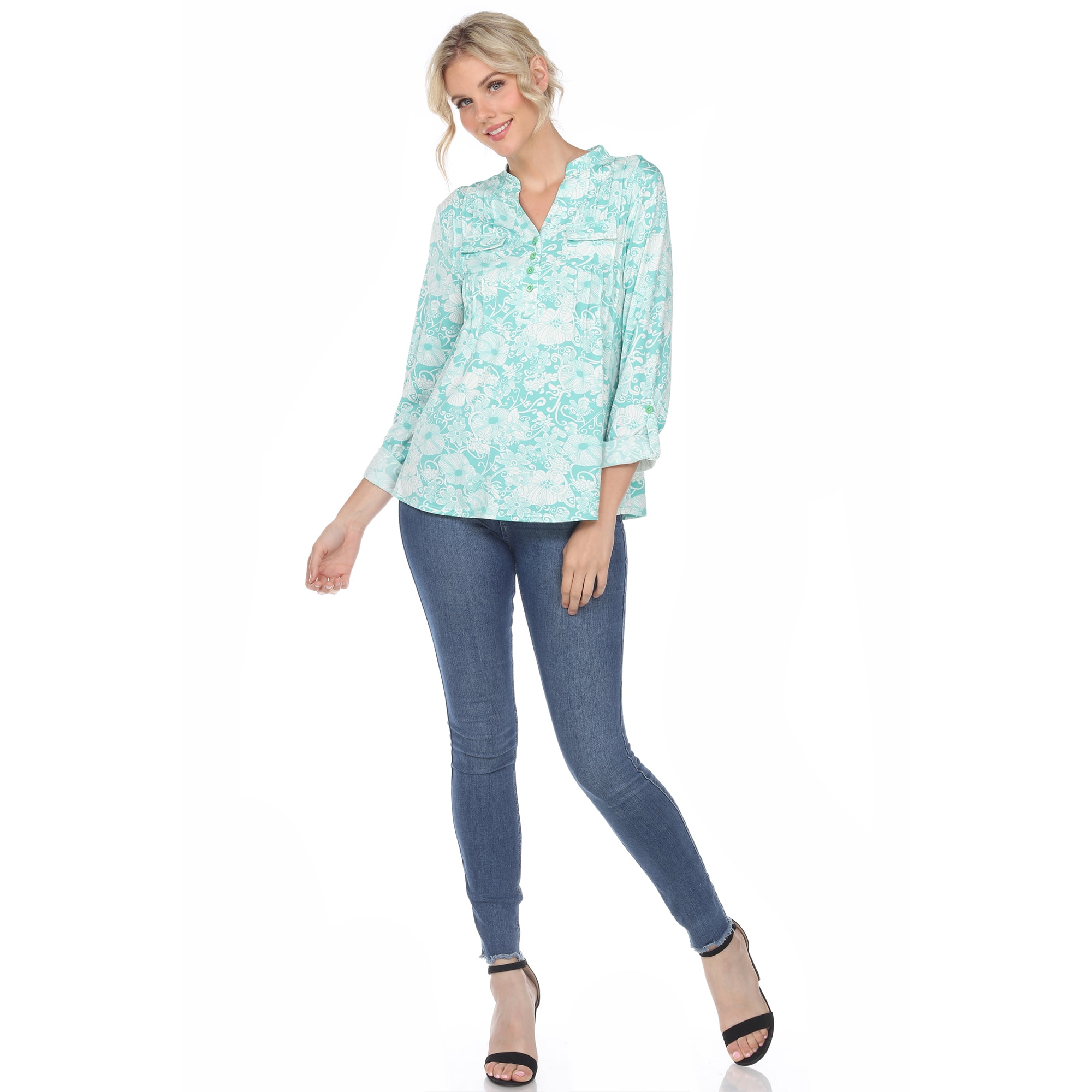 White Mark Women's Pleated 3/4 Sleeve Floral Print Blouse