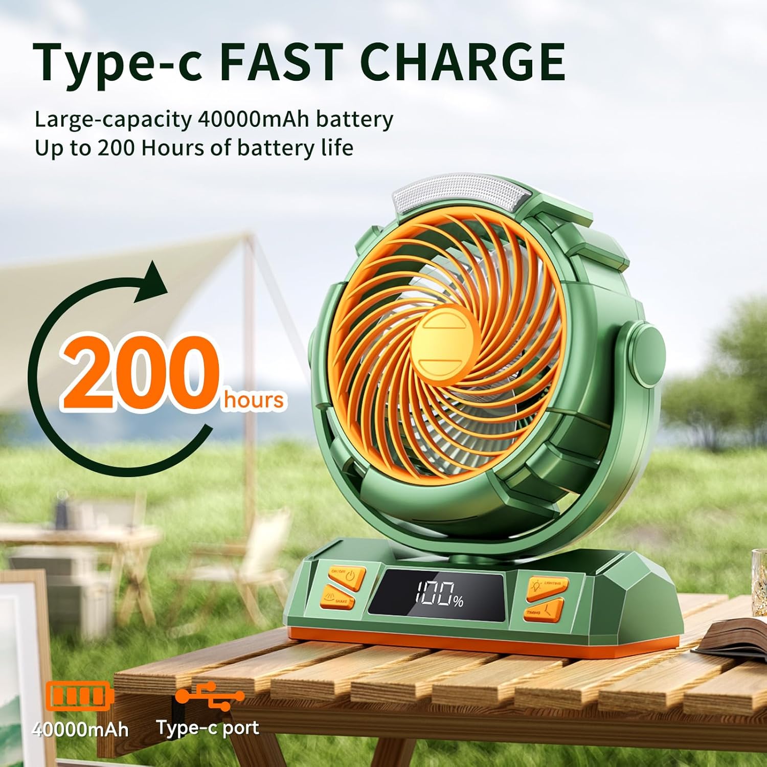 Camping LED Fan with Light, 40000mAh Rechargeable Battery Powered Outdoor Tent Fan with Light and Hook, 4 Speed, Personal USB Desk Fan for Camping, Fishing, Power Outage,Hurricane, Worksite