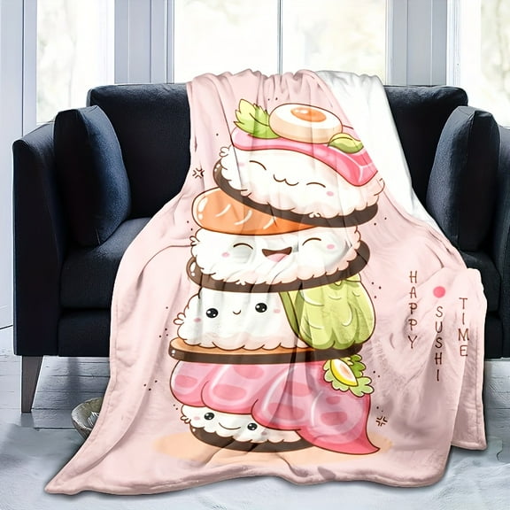 Happy Sushi Asian Influence All Season Throw Blanket Knitted Print with Novelty Food Embellishment Multipurpose for Bed Sofa Chair Living Room Decor Fun and Unique Gift for Boys and Girls